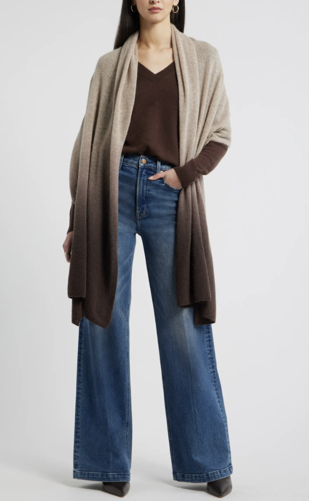 Ribbed cashmere travel wrap styled as a winter scarf