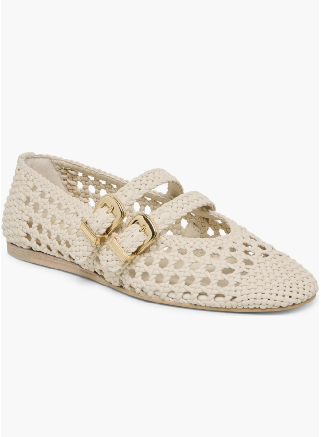 A single cream-colored woven leather Mary Jane flat with a gold buckle strap on a transparent background.