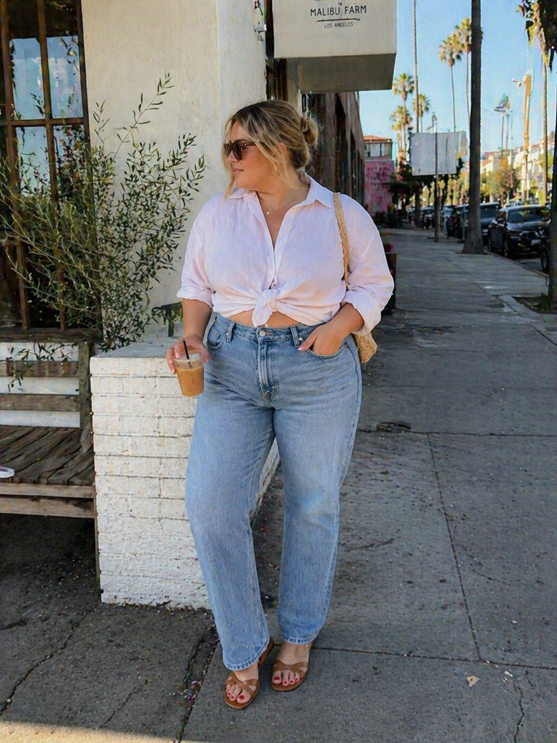 A woman wearing a white linen button-down shirt knotted at the waist with light-wash straight-leg jeans and brown sandals.