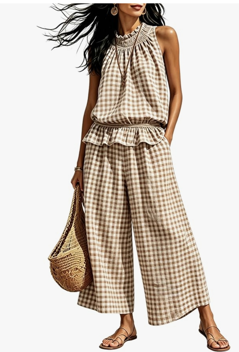 A matching brown and white gingham plaid two-piece women's lounge set featuring a sleeveless ruffle-trimmed top and relaxed wide-leg pants.