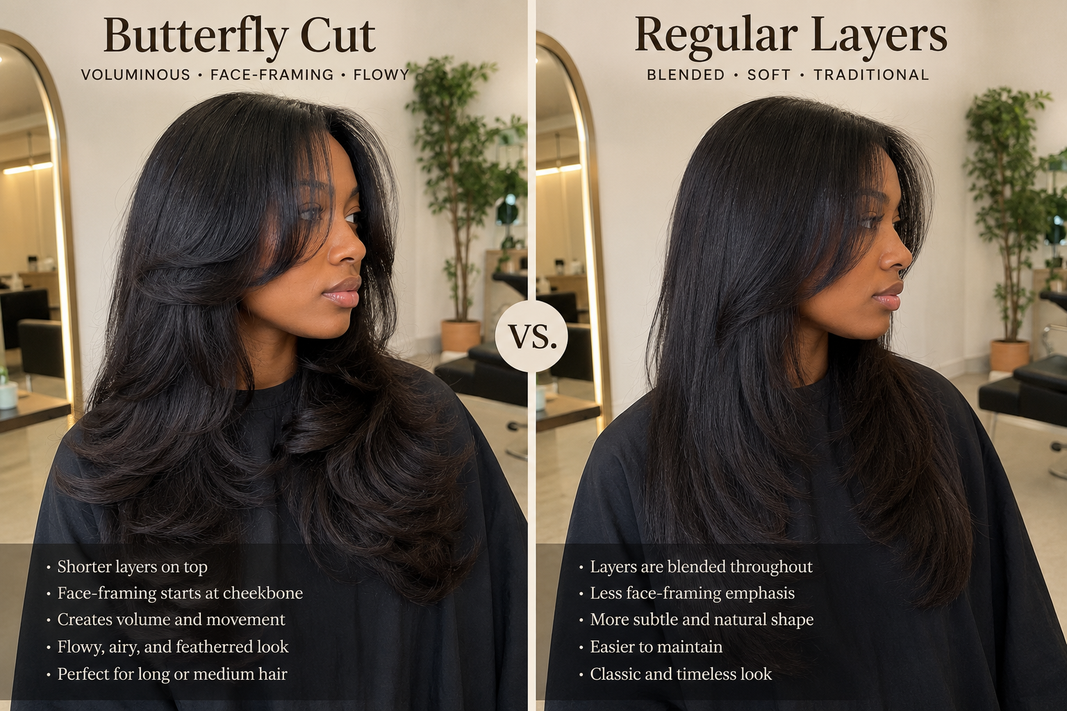 A side-by-side visual comparison detailing the key differences between a butterfly haircut and traditional regular layers.