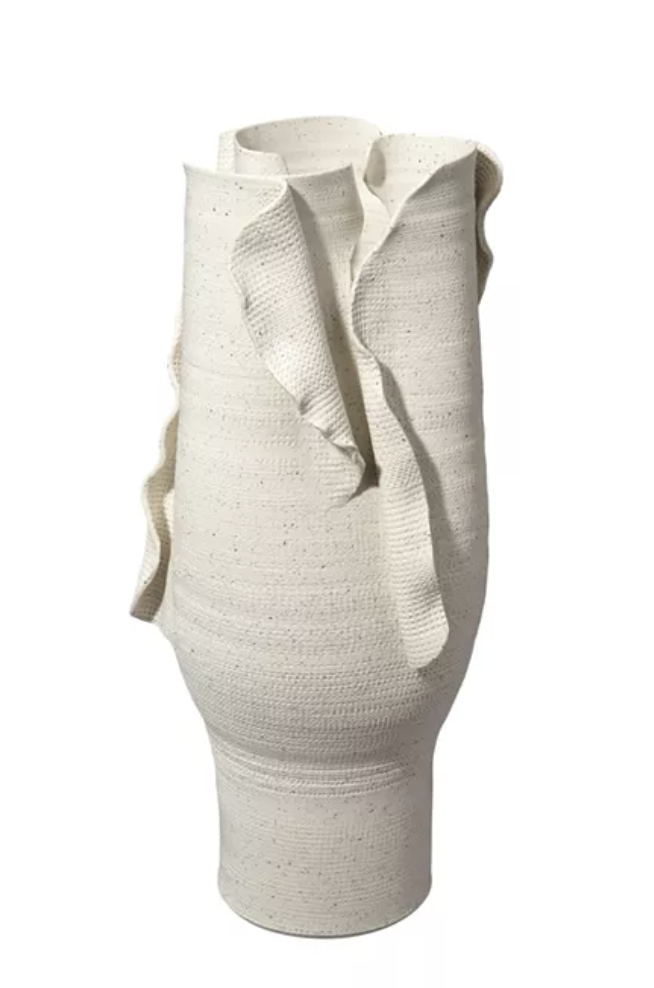 Jamie Young Severed tall white porcelain decorative vessel featuring textured petal-like folds set against a white background.
