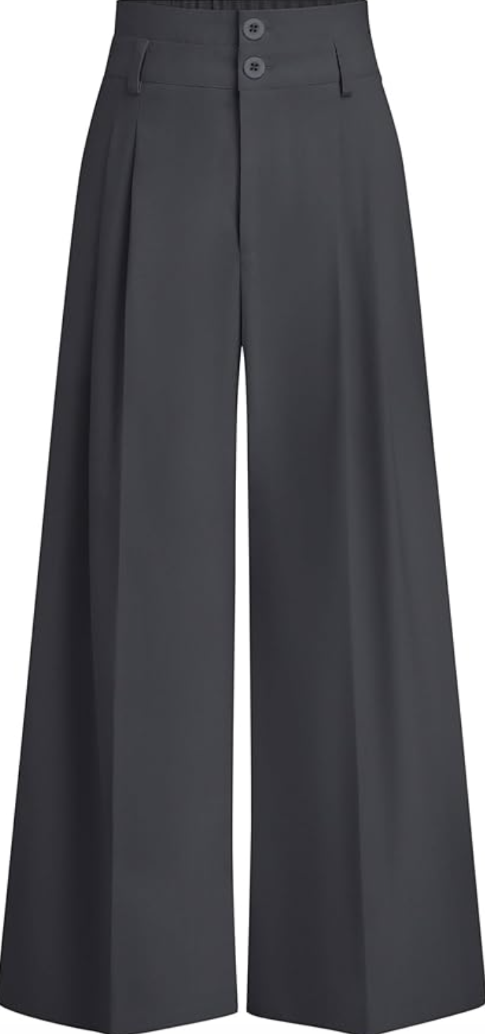 A pair of dark grey wide-leg palazzo trousers with a high-waisted pleated design and button-front closure on a transparent background.
