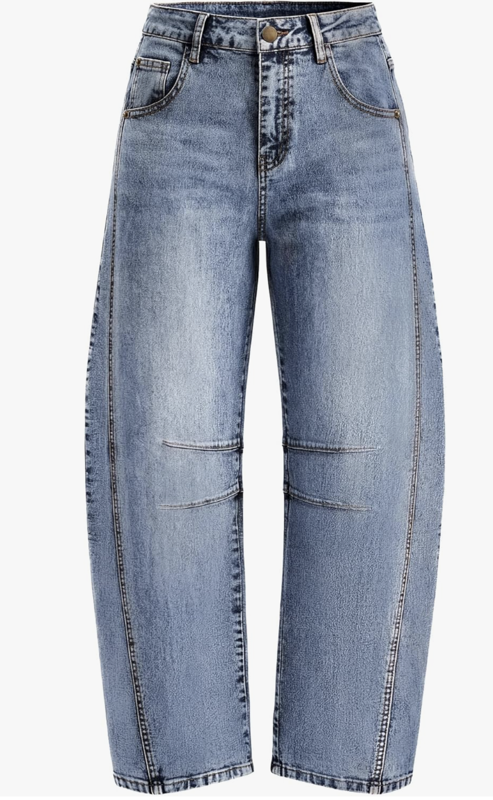 A person with an hourglass figure wearing light wash ZESICA high-waisted barrel jeans, showing the architectural tapered leg and a secure fit at the natural waist.