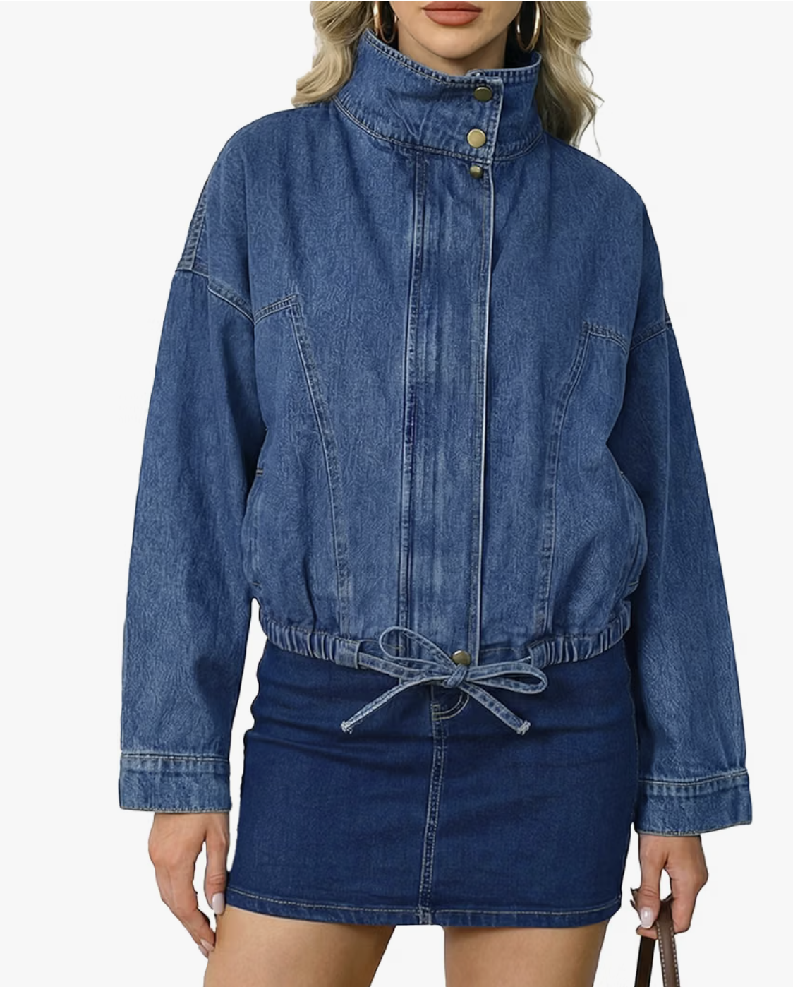Ladyful Oversized Denim Bomber Jacket in a medium wash