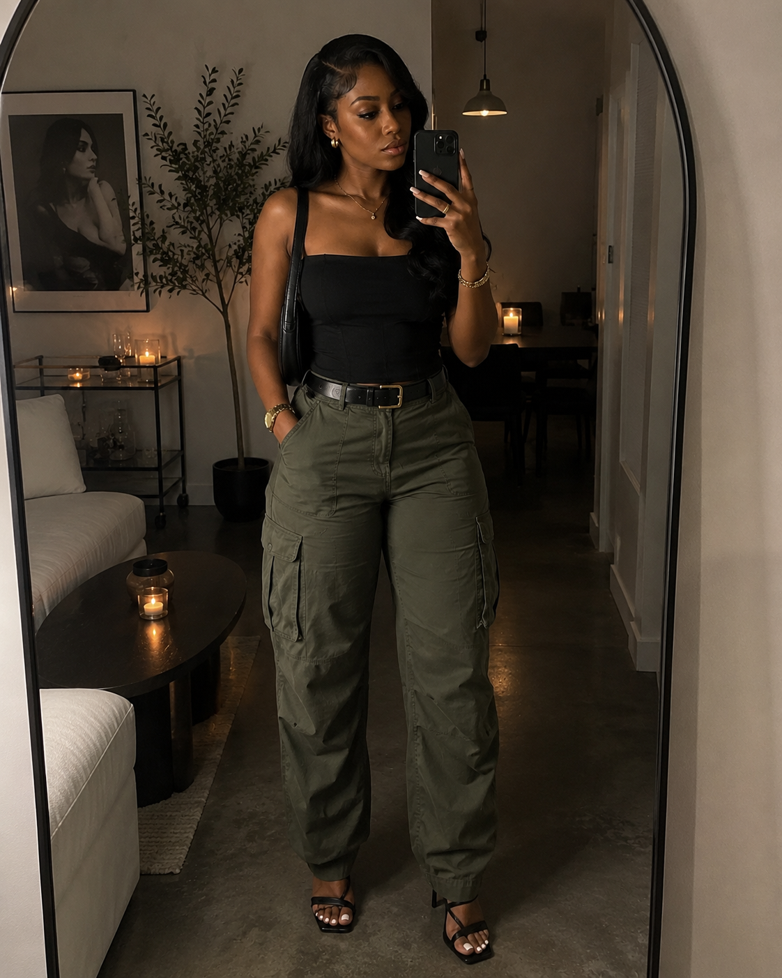 A mirror selfie of a person wearing a fitted black strapless tube top tucked into high-waisted olive green cargo pants with a black leather belt.
