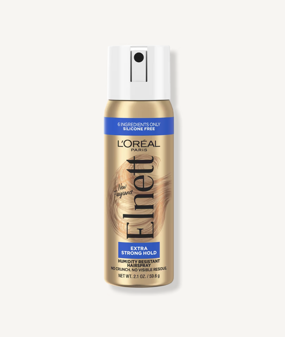 Gold can of L'Oréal Paris Elnett Satin Extra Strong Hold Hairspray with a white cap.