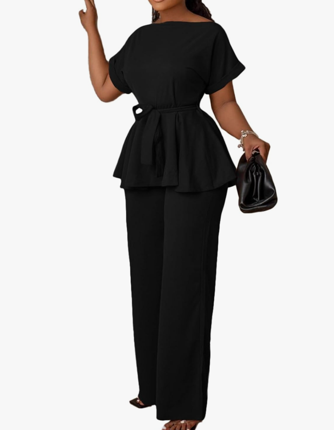 2 Piece Outfits Suit Set Short Sleeve Peplum Top Flared Pants Set