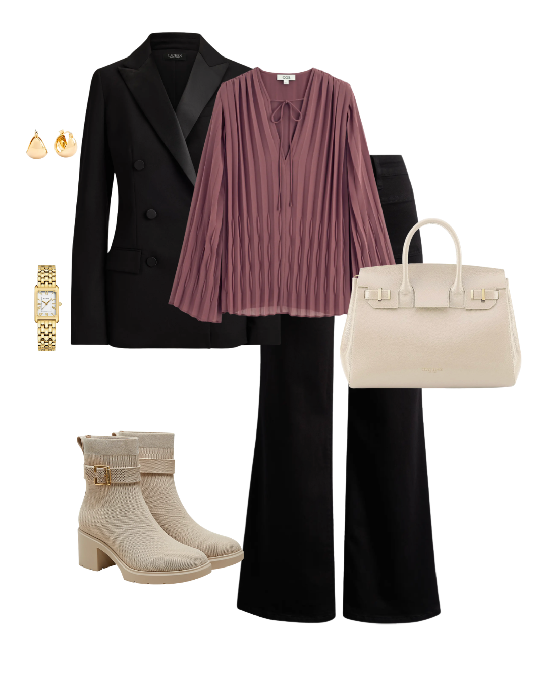Full-length winter church outfit featuring dark jeans blazer blouse and practical footwear