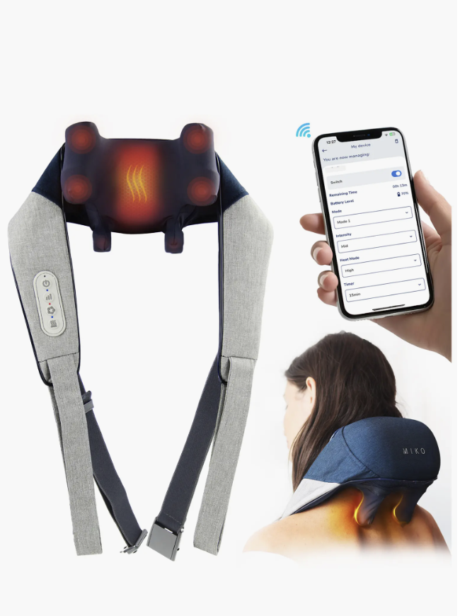 A gray and black MIKO Wave neck and back massager with heated massage nodes, pictured next to a smartphone displaying its companion app control screen.