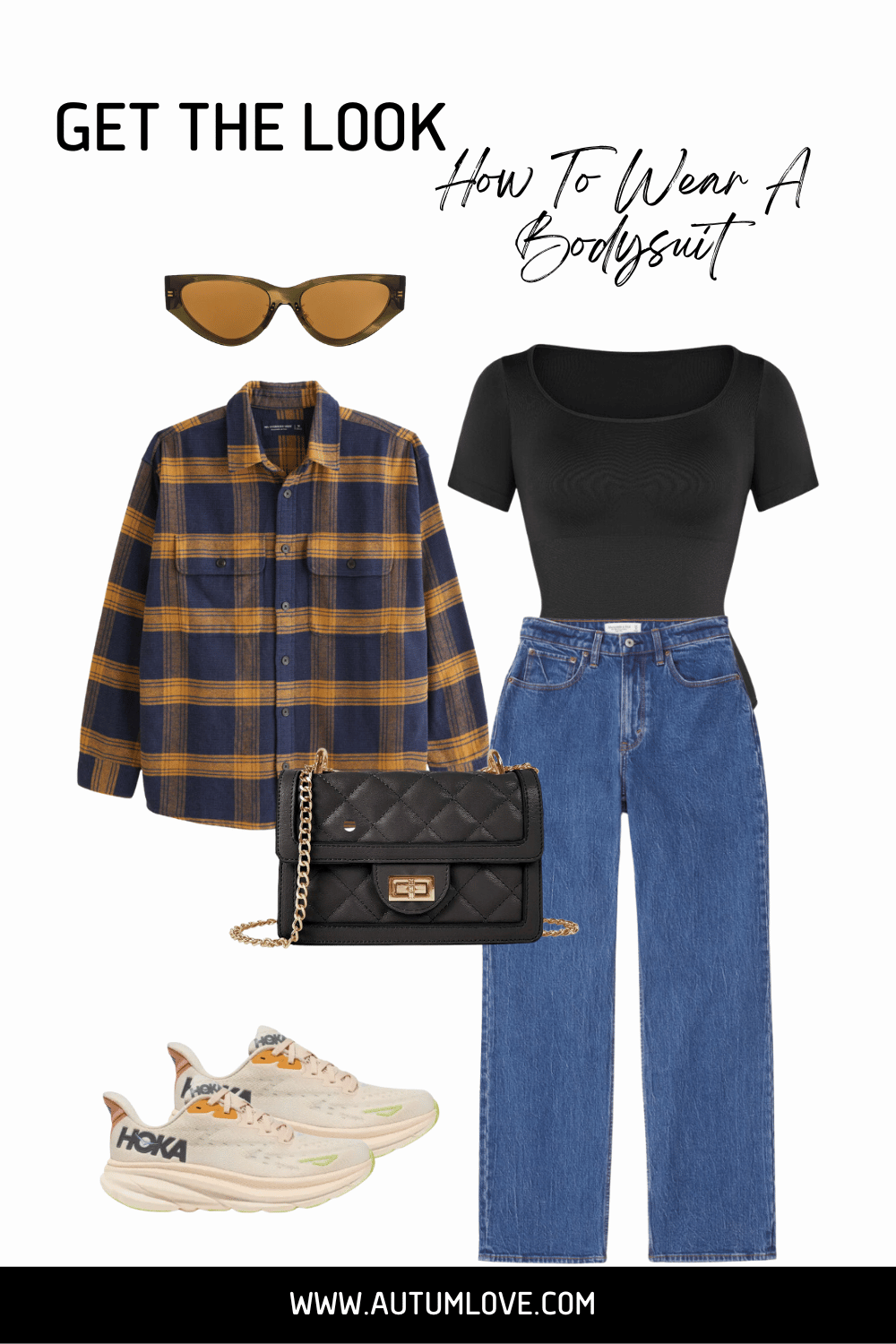 Styling a black scoop-neck bodysuit with a blue and yellow plaid flannel shirt and high-waisted denim jeans to camouflage a big belly and create a smooth silhouette.