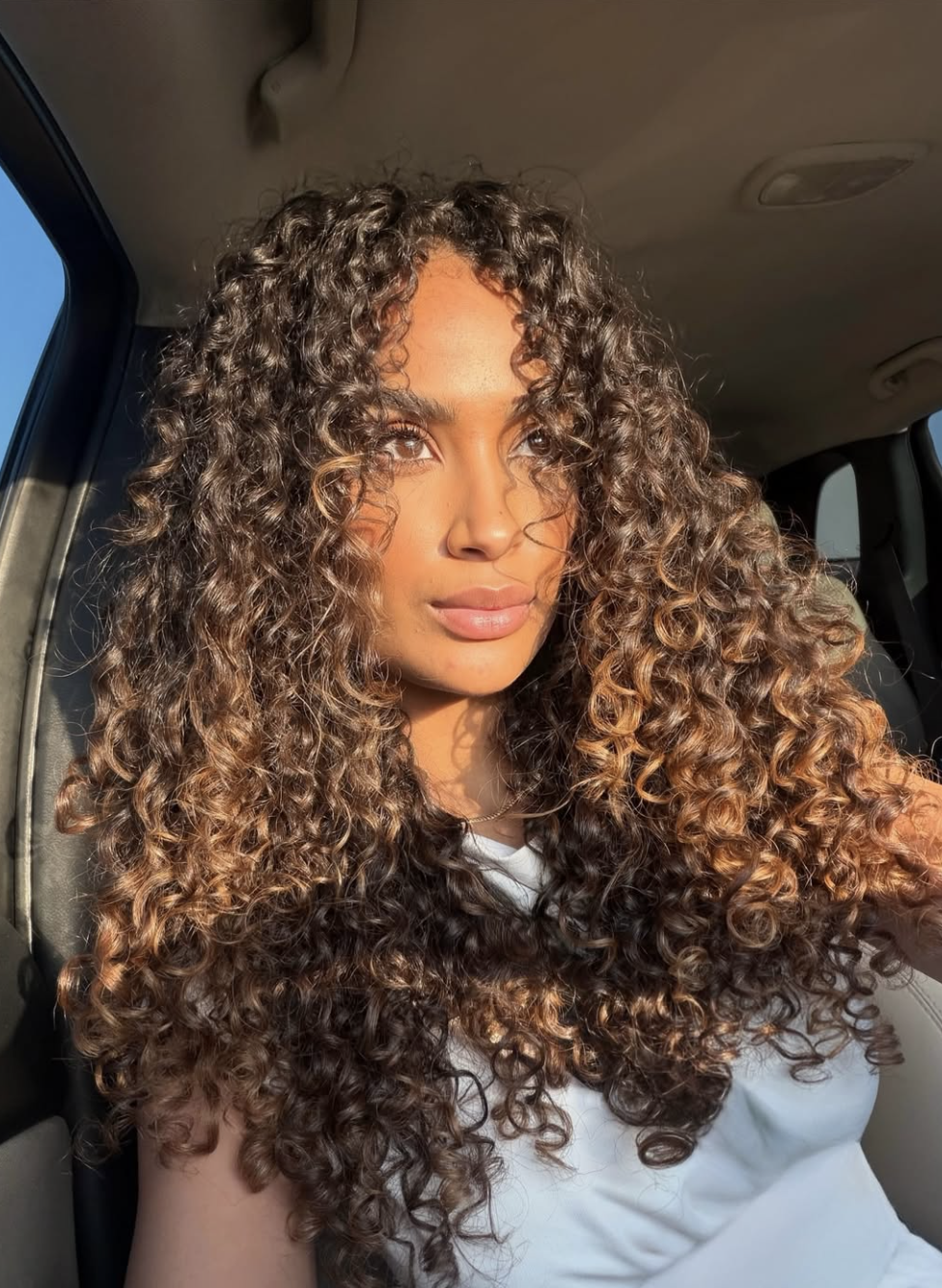 A woman with natural, voluminous dark brown curls styled in a layered butterfly haircut with face-framing fringe.