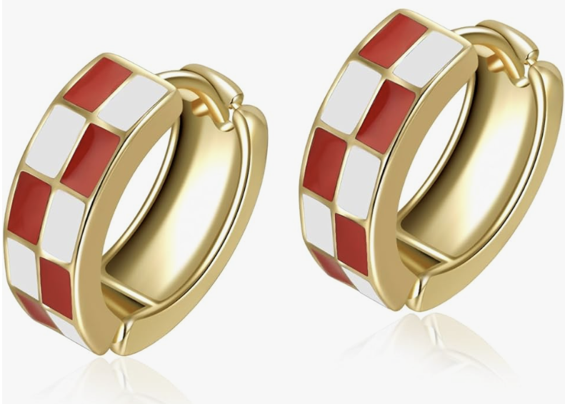 Gold and red checkered small hoop earrings, a high-shine accessory for a 2026 Cherry Red outfit formula.