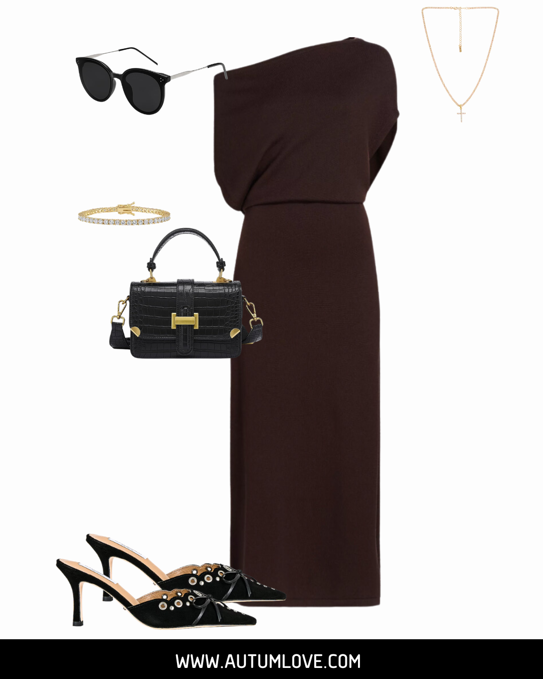 A flat-lay outfit featuring a chocolate brown A-line midi dress, black quilted handbag, gold bracelet, and black strappy heels to illustrate a flattering outfit for hiding belly fat.