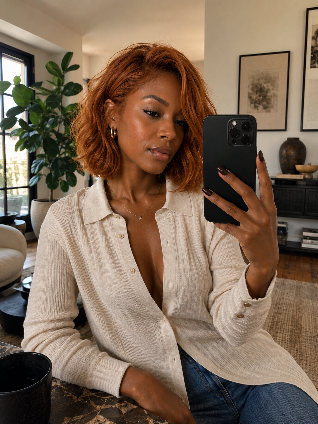 A chic woman over 50 with a voluminous, layered copper-toned lob haircut wearing a cream ribbed cardigan and gold hoop earrings.