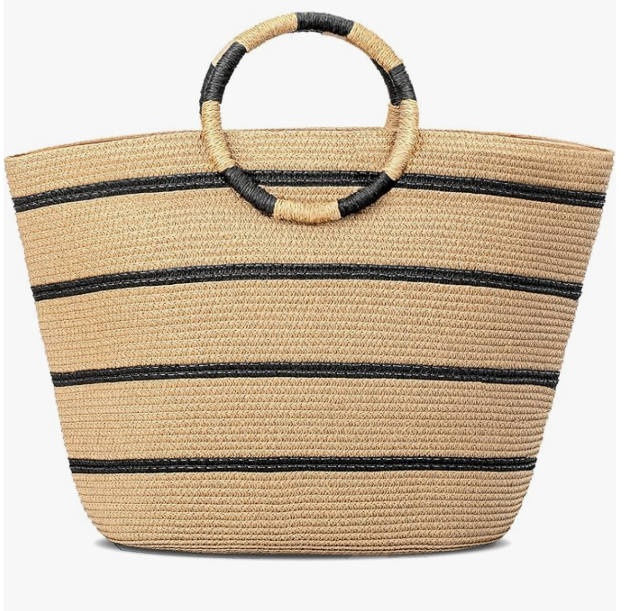 Large natural straw summer tote bag with black stripe under $100 from Amazon