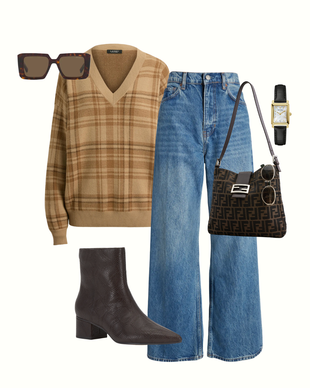 Flat lay of a camel plaid sweater, relaxed jeans, brown ankle boots and a crossbody bag for a pumpkin patch outfit