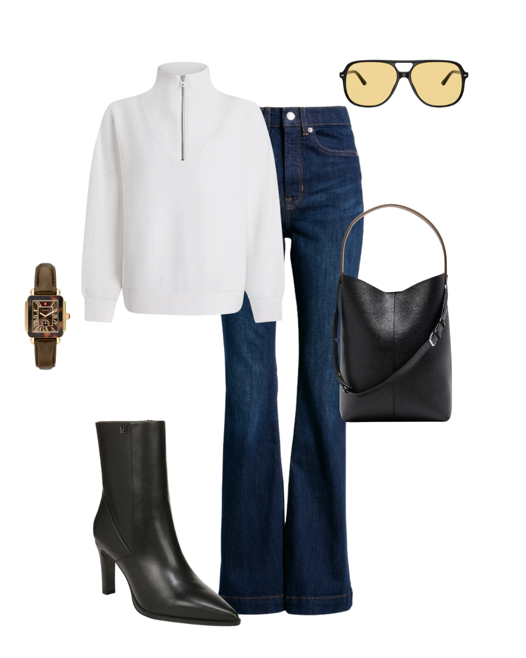 Cropped flare jeans styled with loafers and a cardigan on a woman over 50.