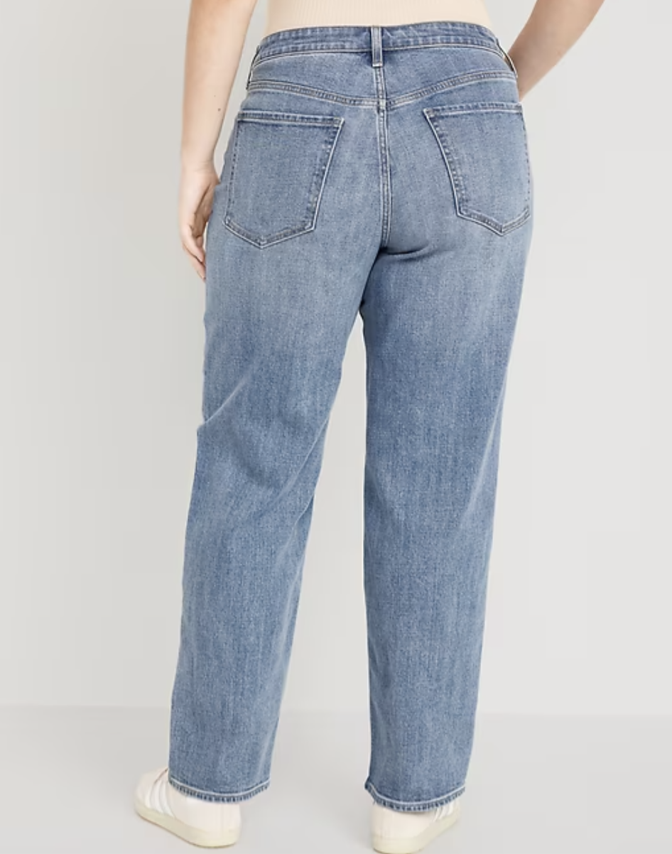 Rear view of Old Navy High-Waisted OG Loose jeans in a light wash, showing the structured 99% cotton denim that prevents sagging on a flat bottom.