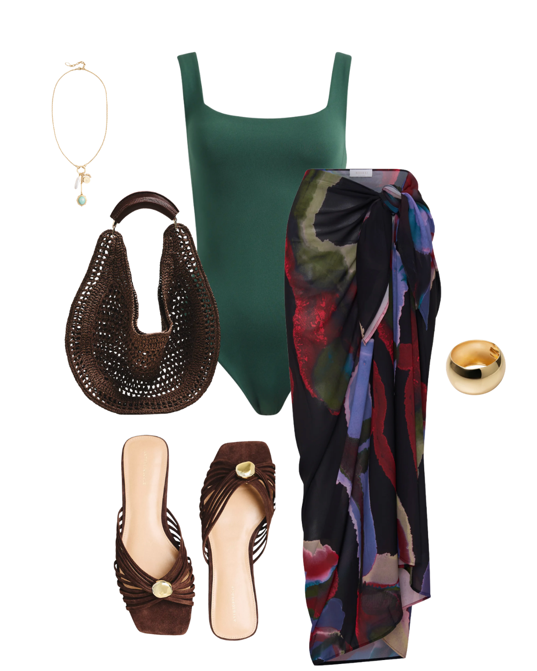 A chic beach day outfit collage featuring a forest green square-neck one-piece swimsuit, a dark tropical floral print wrap skirt coverup, a dark brown woven mesh tote bag, brown strappy slide sandals with gold details, and a gold pendant necklace.