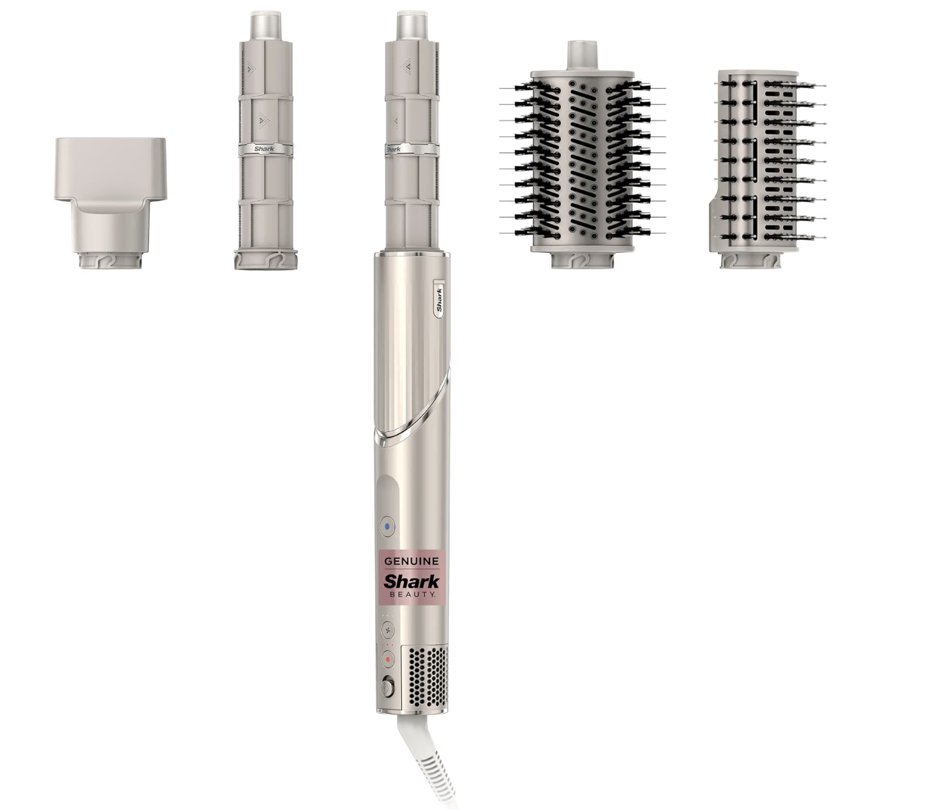 Shark FlexStyle Air Multi-Styler HD430 with curling and drying attachments laid out on a neutral surface
