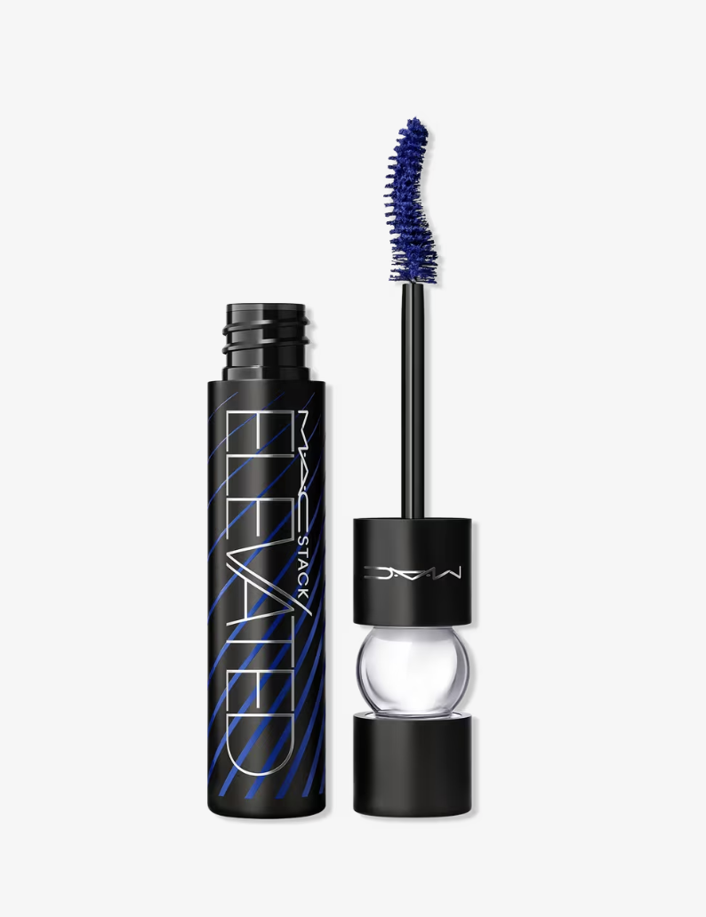 A close-up of M·A·CStack Elevated Mascara next to its micro-brush applicator wand.