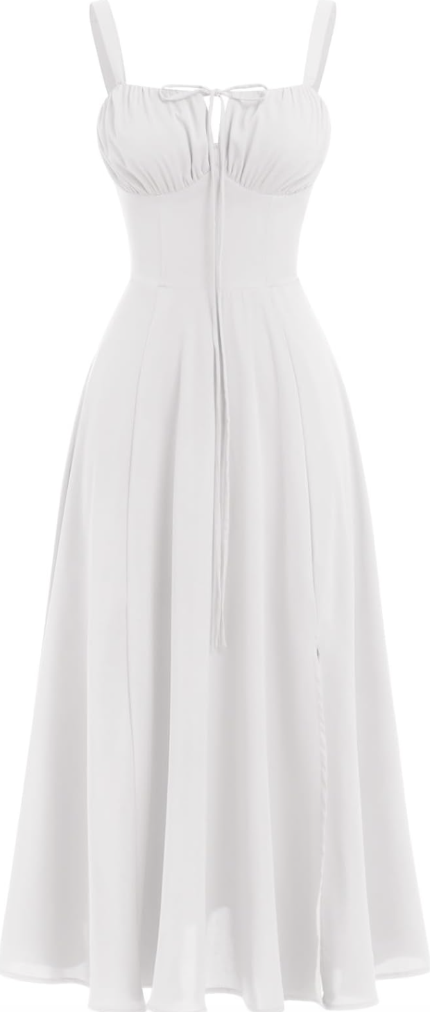A white tiered maxi dress with a corset bodice and thin straps, styled to show what to wear with a spaghetti strap dress for a summer event.