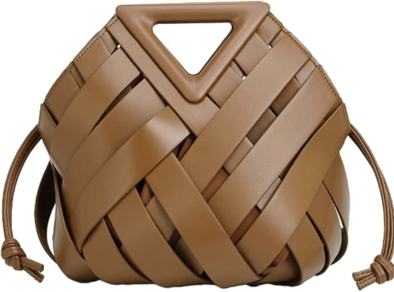 A tan handwoven vegan leather satchel bag with a unique triangular silhouette, a top handle, and thin side drawstrings.