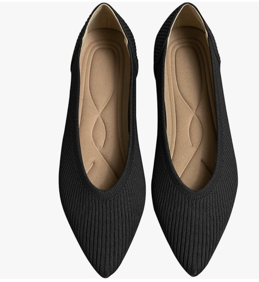 A pair of black pointed-toe knit ballet flats from Amazon, perfect for elongating the leg line when styling outfits to camouflage a big belly.