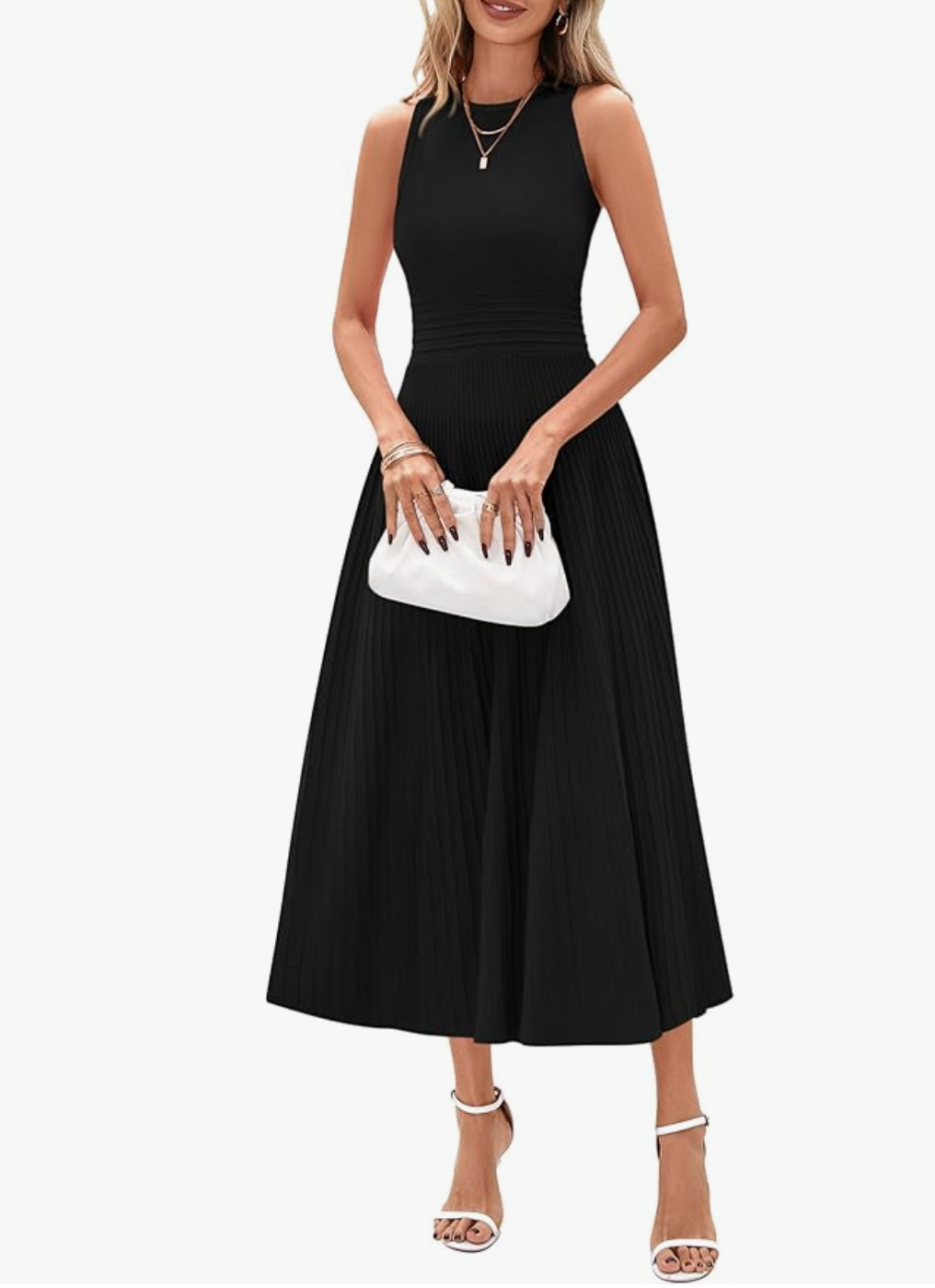 A sleeveless black A-line midi dress for women featuring a high neckline and pockets, styled as a professional work outfit to be worn with flats for women.