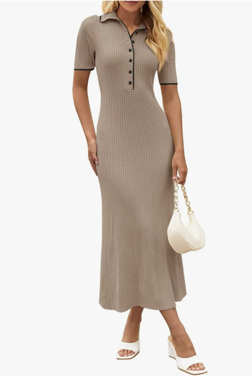 A woman wearing a taupe-colored ribbed knit maxi dress with short sleeves and a button-down neckline, styled with white platform sandals and a small white handbag for a spring capsule wardrobe.