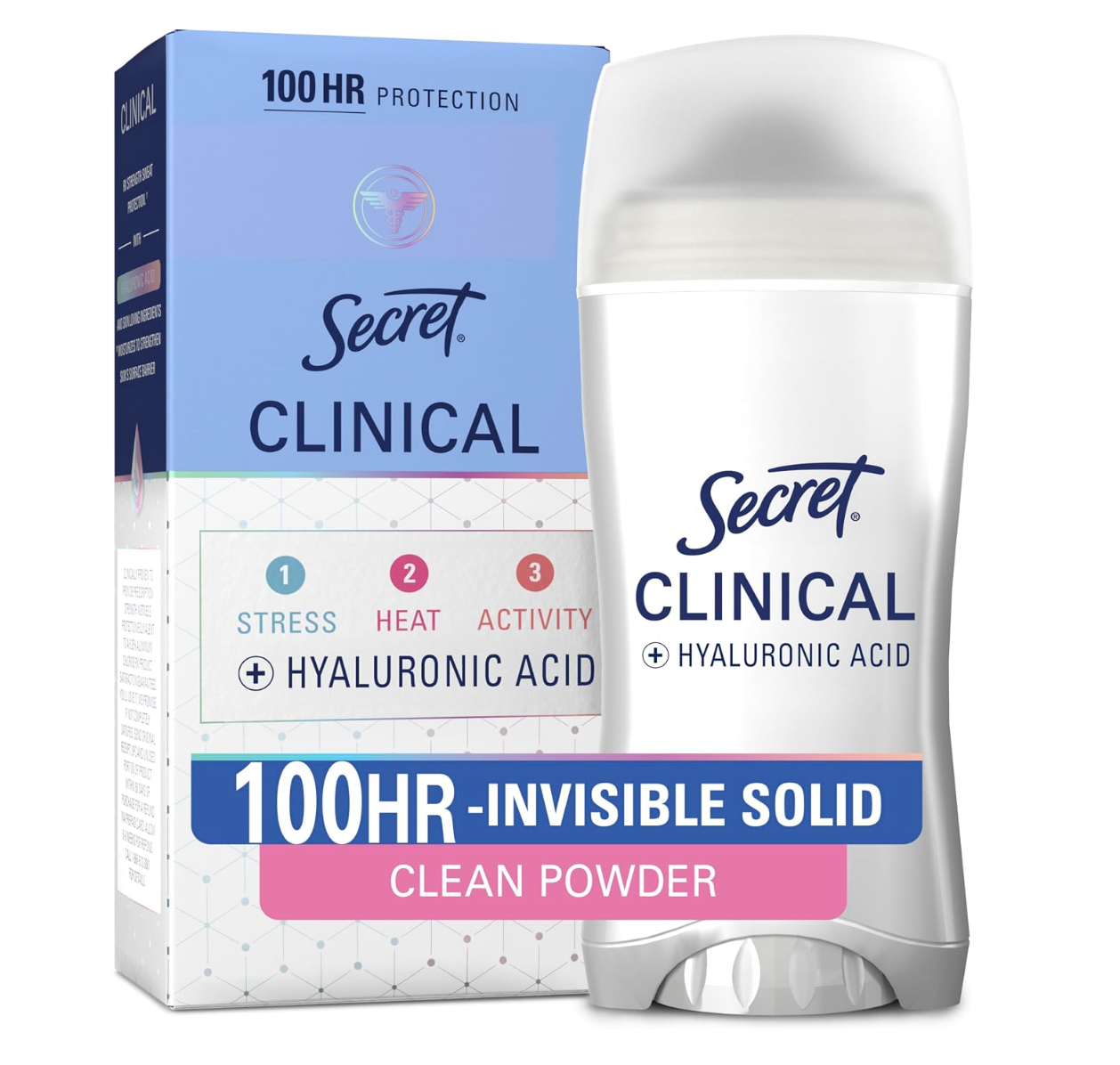 Secret Clinical Strength Invisible Solid antiperspirant in Clean Powder with its box.