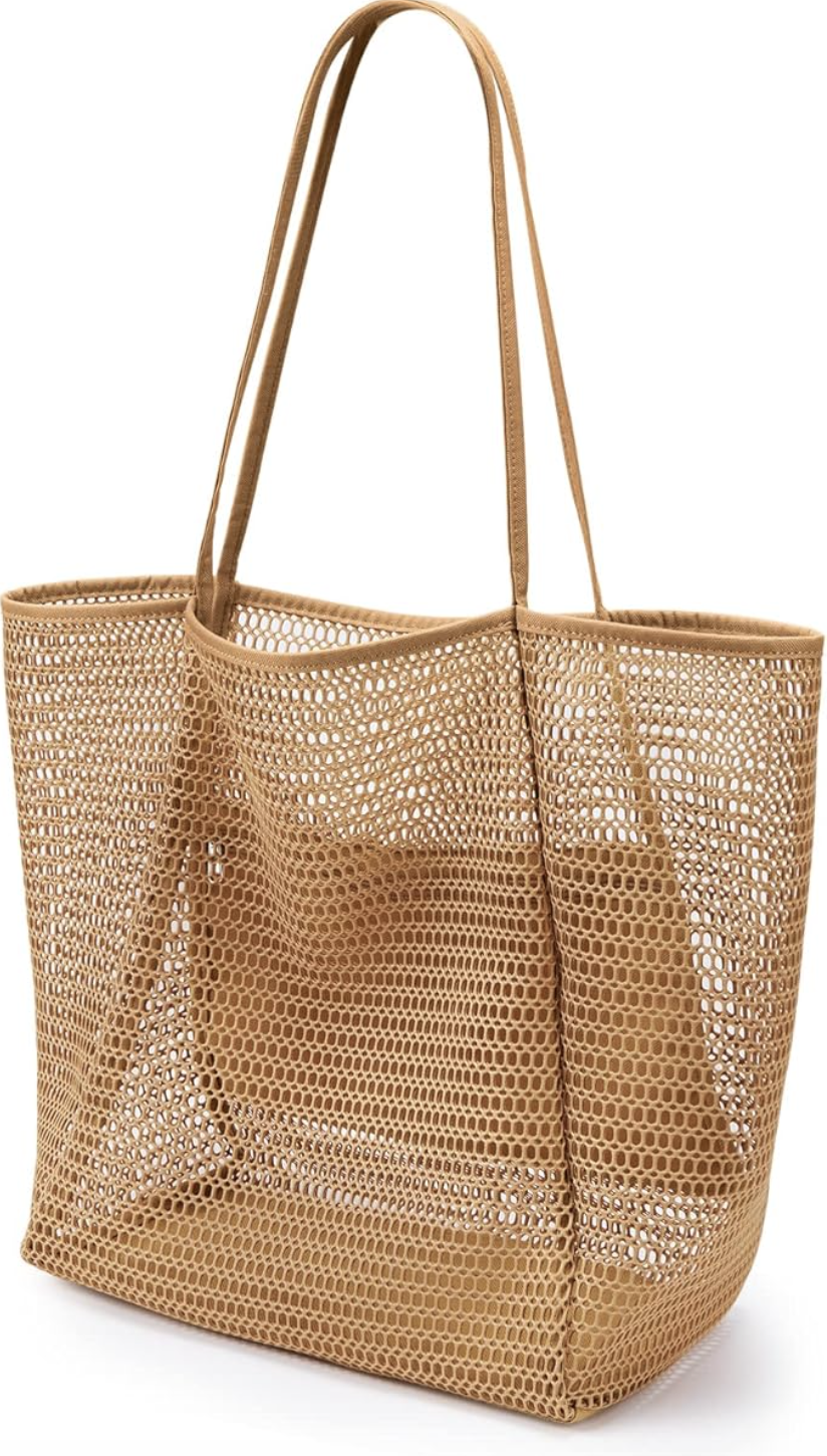 A khaki-colored mesh hobo tote bag by KALIDI, styled as a lightweight and foldable summer accessory for women over 60.