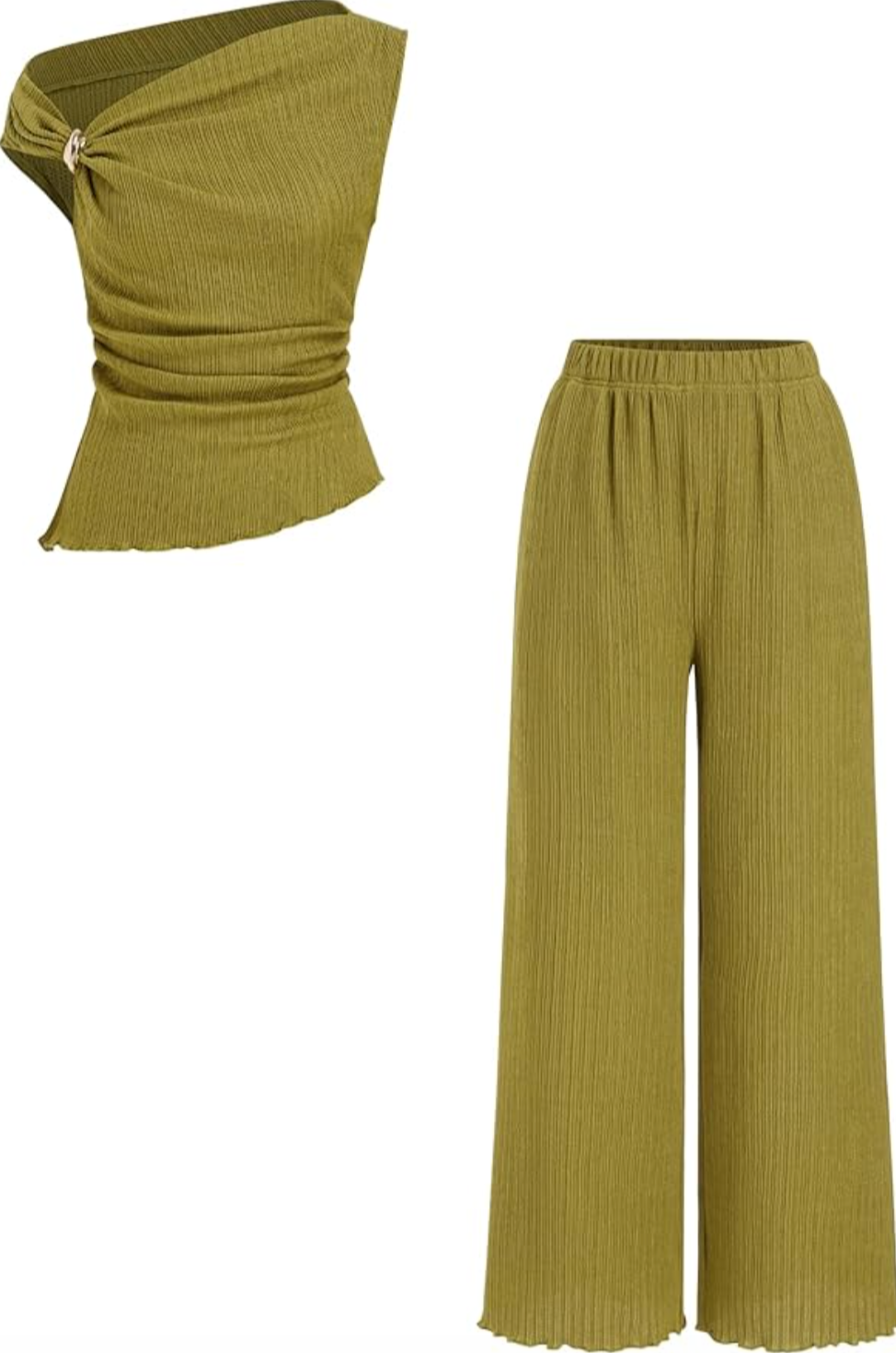 A lime green two-piece set featuring an asymmetrical one-shoulder top with a gold ring detail and matching pleated wide-leg trousers on a transparent background.