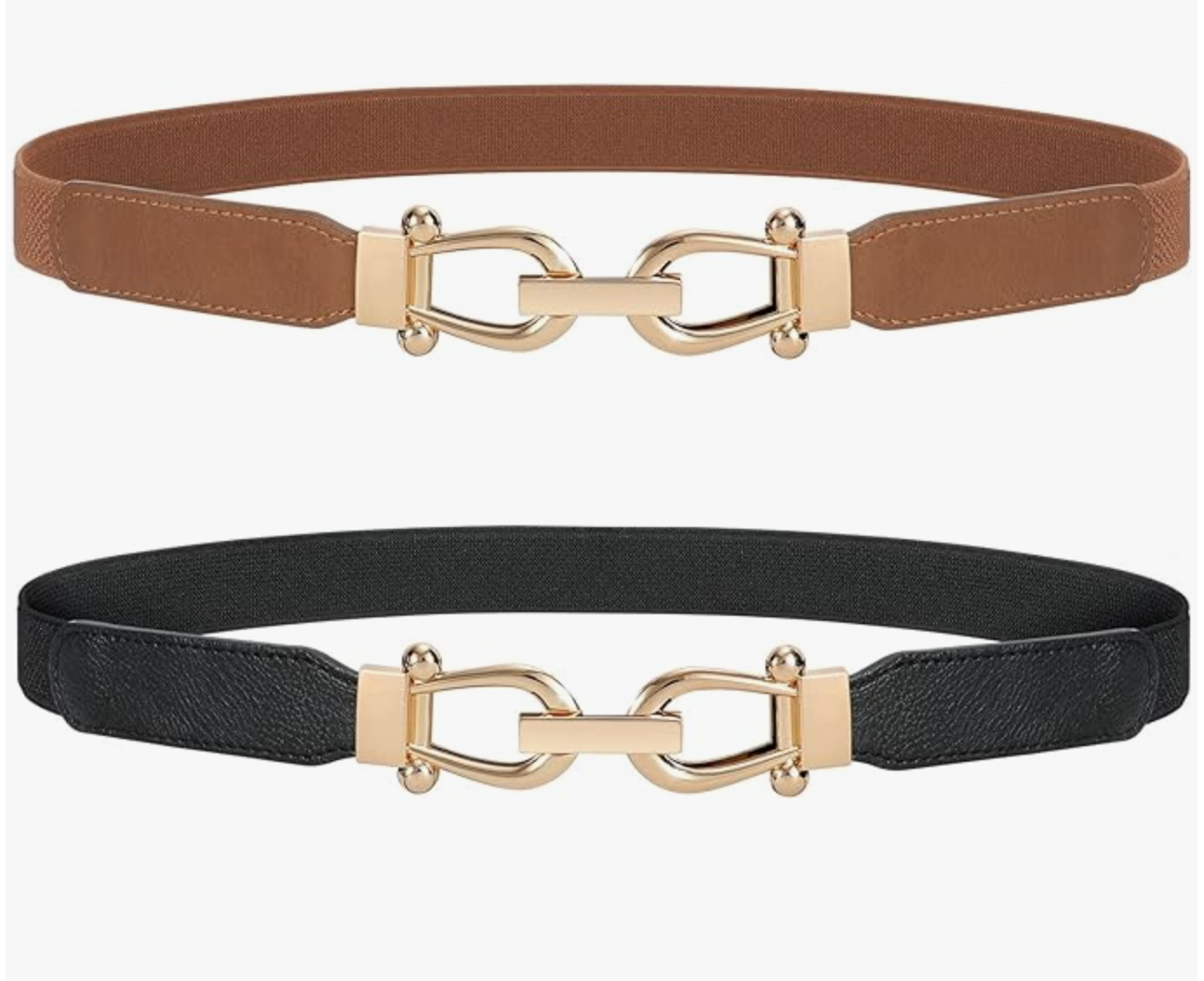 A set of two JASGOOD retro elastic skinny belts in black and brown, featuring an interlocking gold metal buckle, styled for cinching spring dresses and blazers.