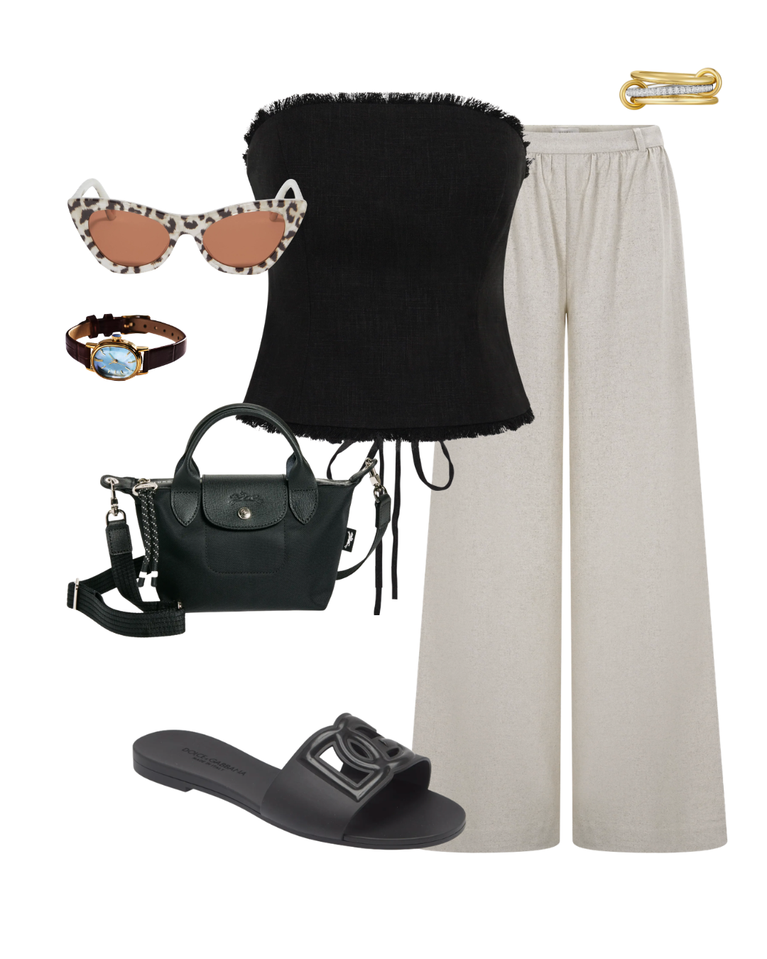 An active day vacation outfit collage featuring a black strapless tube top, beige lightweight linen pants, black slide sandals, a black leather crossbody handbag, a leather strap watch, and leopard print cat-eye sunglasses.