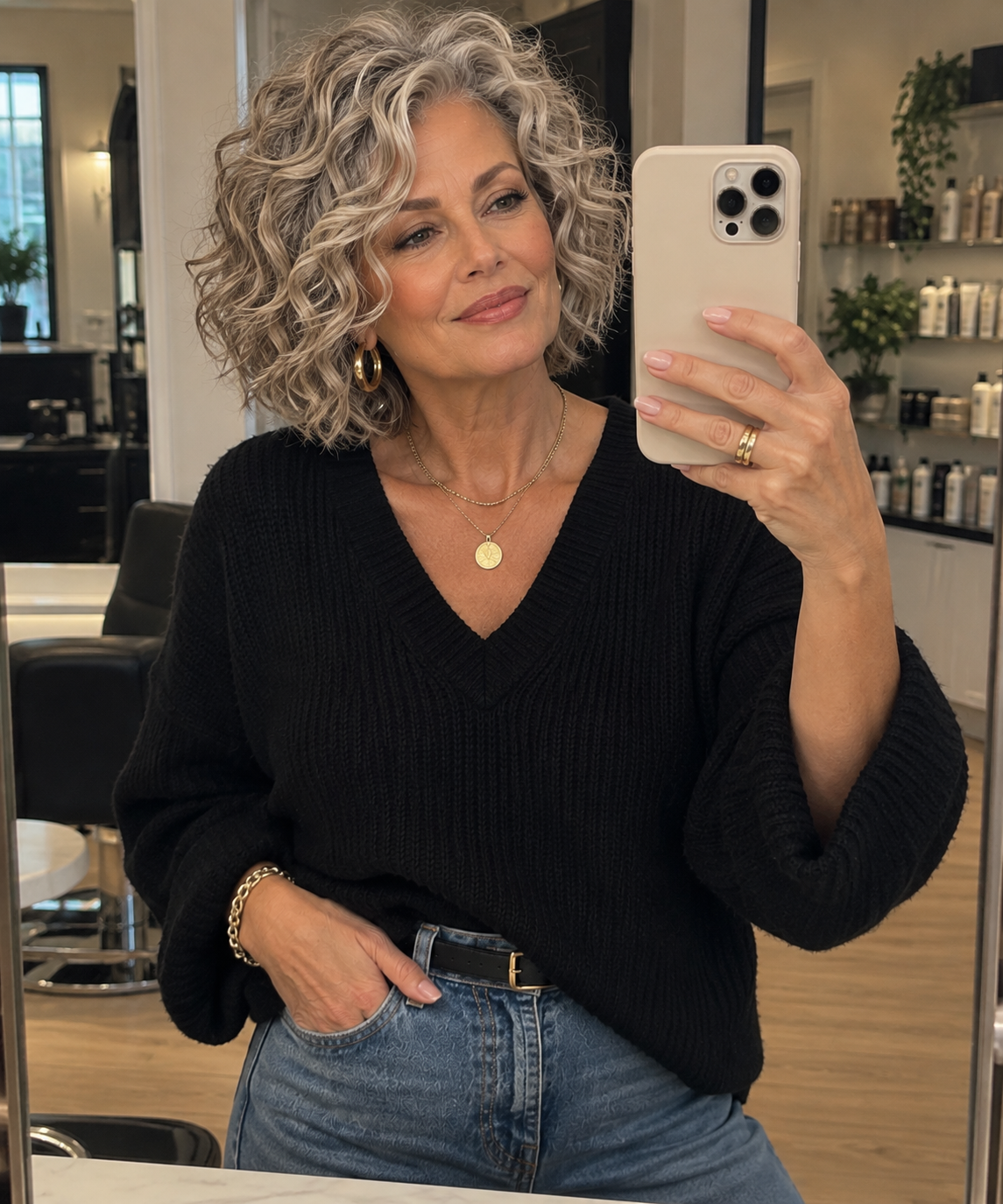 Woman over 65 wearing a layered gray curly bob with volume around the cheekbones and jaw.