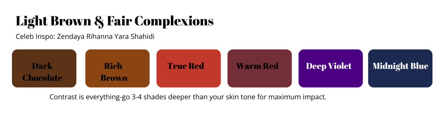 A hair color palette guide for light brown and fair complexions featuring swatches for Dark Chocolate, Rich Brown, True Red, Warm Red, Deep Violet, and Midnight Blue.