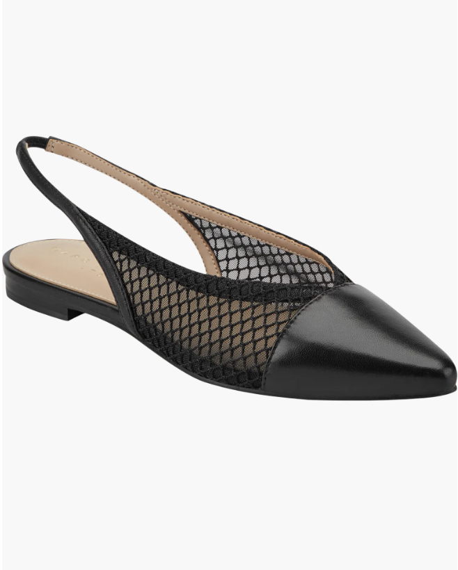 A black pointed-toe slingback flat featuring a sheer mesh body with a solid black leather cap toe and heel strap, shown from a side profile.