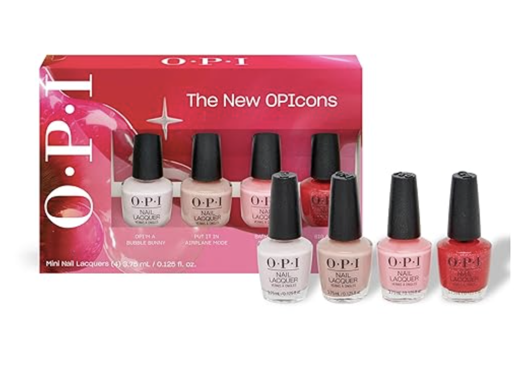 OPI The New OPIcons Mini Nail Lacquer gift set featuring four bottles of chip-resistant nail polish in pink, red, and neutral shades.