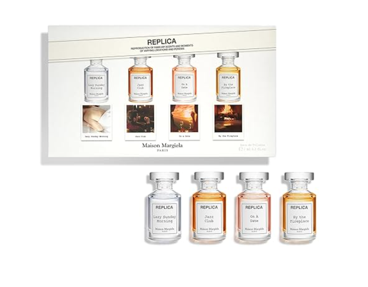 Maison Margiela Replica 4-piece fragrance discovery set featuring travel-size perfume bottles and deluxe mini coffret packaging.