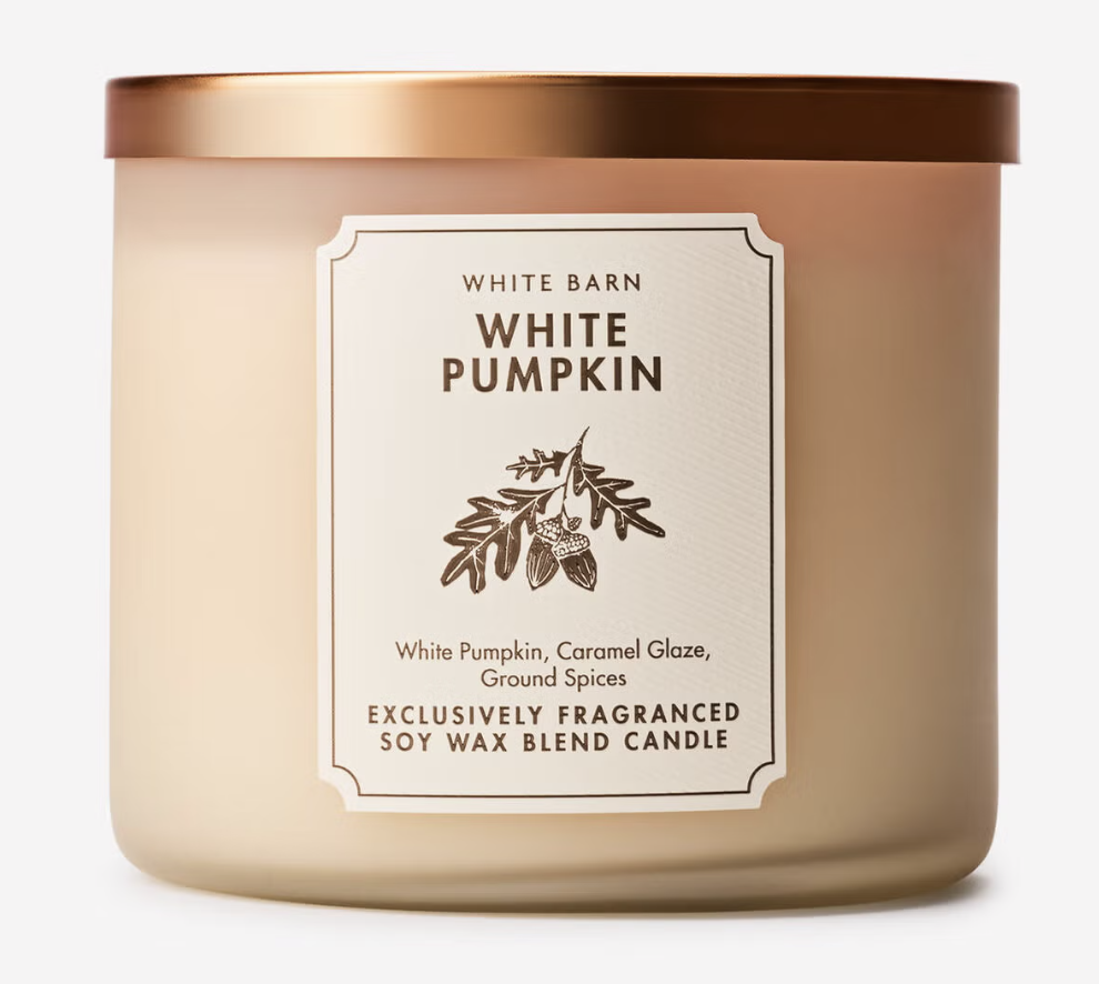Bath & Body Works White Pumpkin three-wick candle.