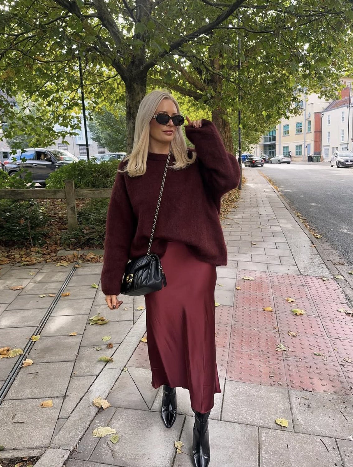 Full-length satin midi pointed boots outfit showing the complete boot shaft and shoes
