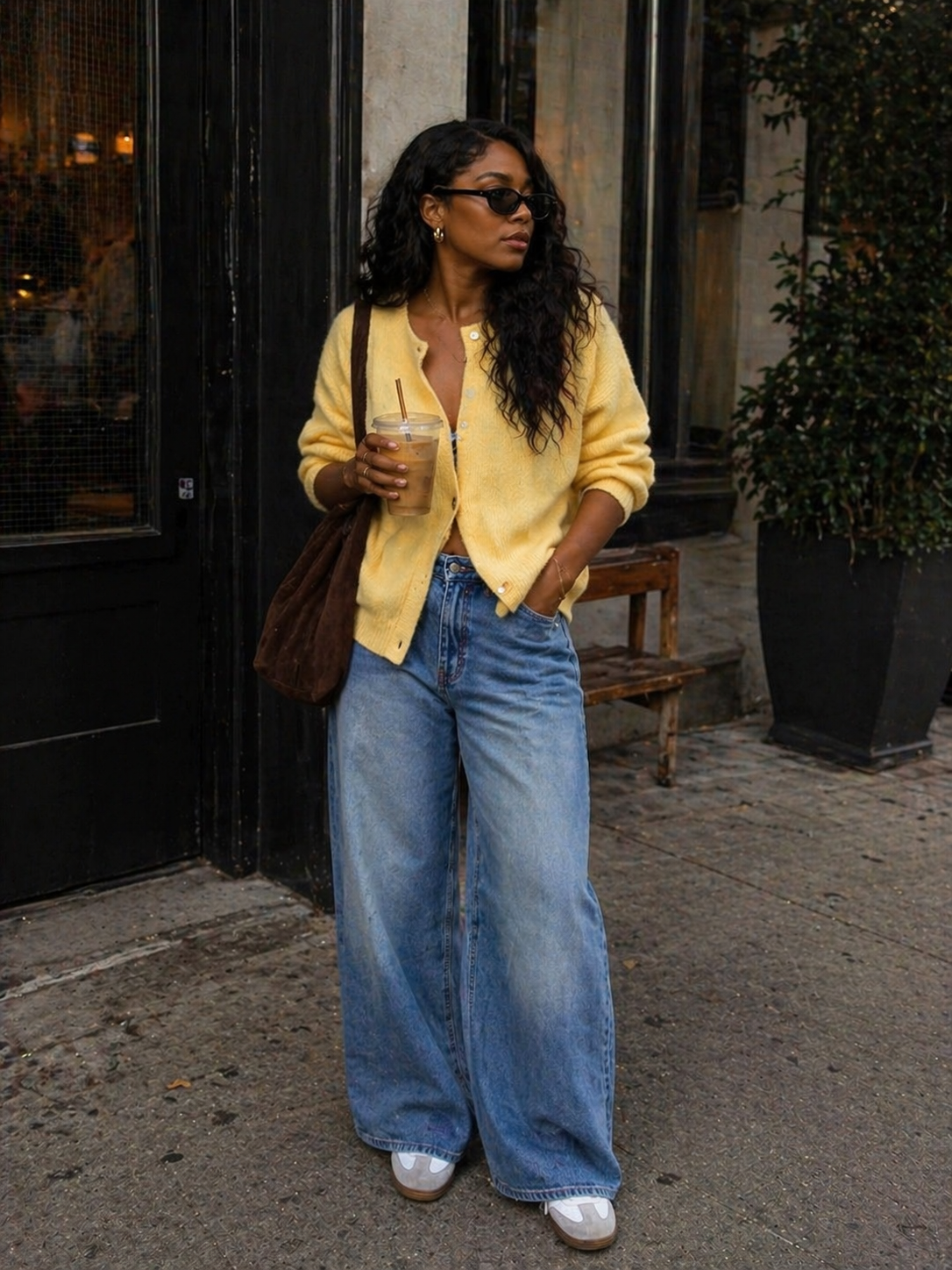 A woman wearing a bright yellow button-down cardigan tucked into light-wash wide-leg jeans, holding an iced coffee and a brown bag.