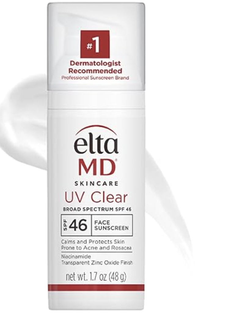 Product shot of EltaMD UV Clear Face Sunscreen SPF 46 in a white pump bottle, featured as an oil-free and acne-friendly daily sunscreen for sensitive skin.