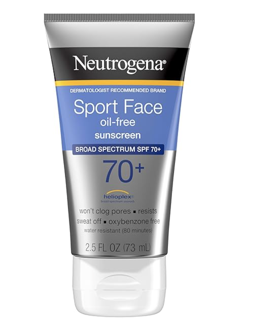 Product shot of Neutrogena Sport Face Oil-Free Sunscreen SPF 70+ in a grey and blue tube, featured as a top pick for sweat-resistant outdoor protection.