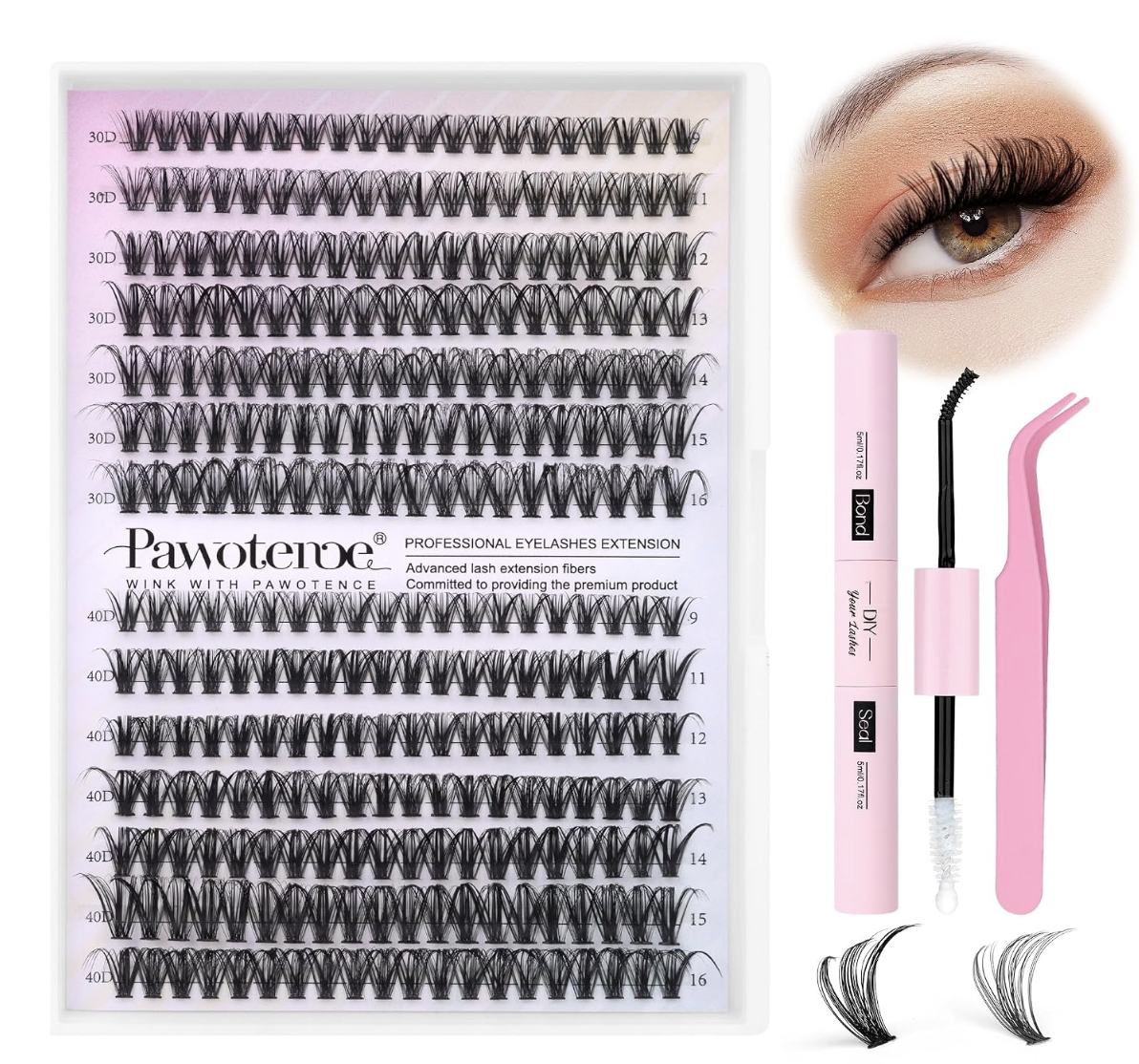 Pawotence DIY Lash Cluster Kit with a tray of lash clusters, pink bond and seal wand, applicator tweezers and a close-up of finished lashes.