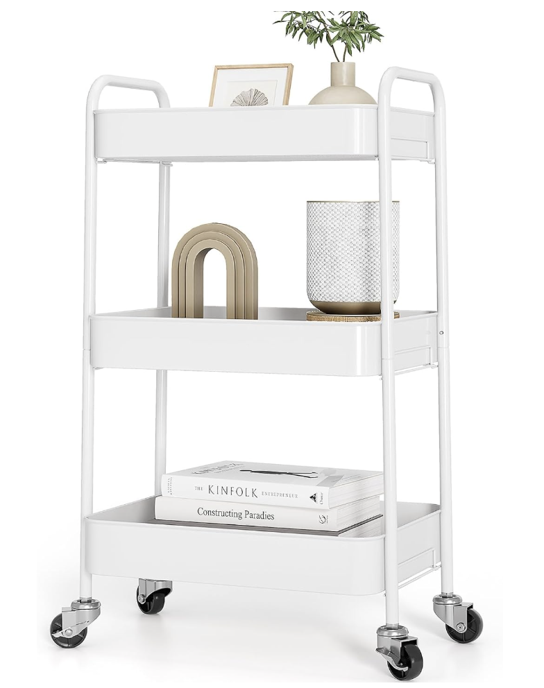 White three-tier rolling cart used as a project drop zone