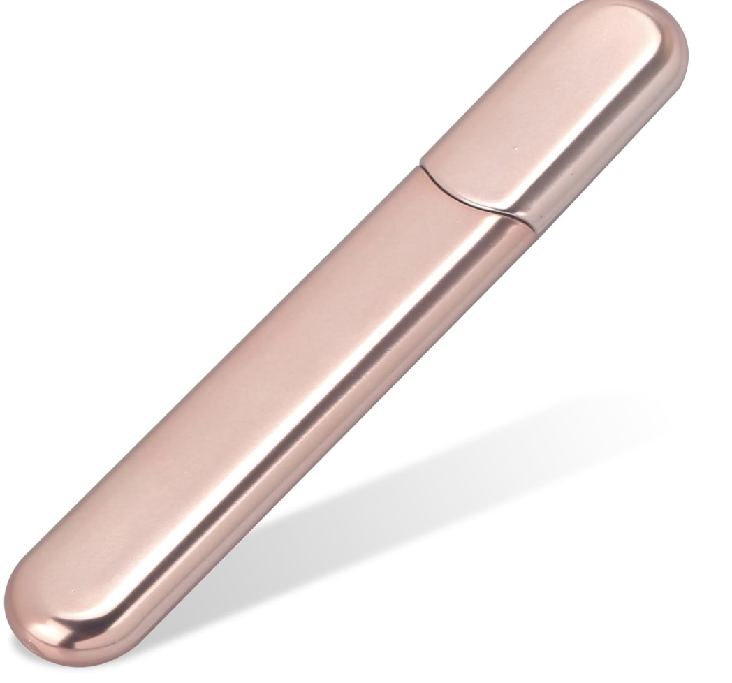 A sleek rose gold glass nail file with a matching protective slim case, shown on a clean white background.