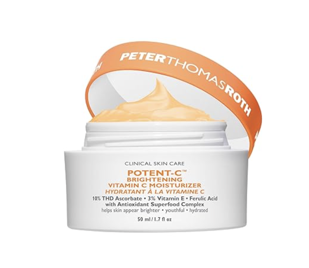 A jar of Peter Thomas Roth Potent-C Brightening Vitamin C Moisturizer containing 10% THD Ascorbate, featured as an esthetician-recommended product for achieving an internal glow.